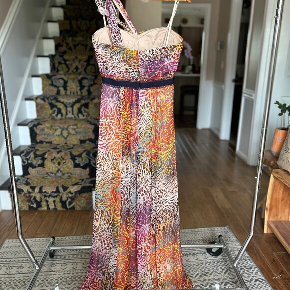 BCBGMaxAzria Inga One-Shoulder Halter Silk Maxi Dress in Begonia Multi Size 8 - Picture 3 of 16
